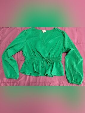 Women's Emerald Green Wrap Peplum Blouse with Tie Waist
